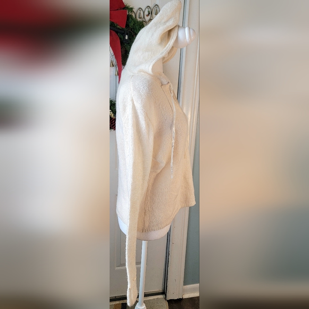 Y2K Hooded Babydoll Sweater Womens L Ivory Open Knit Bell Sleeve Wool Blend Cozy - Picture 5 of 10